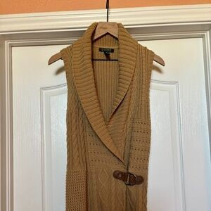 RALPH LAUREN Brown Sleeveless Cable Knit Collared Sweater w/ Buckle